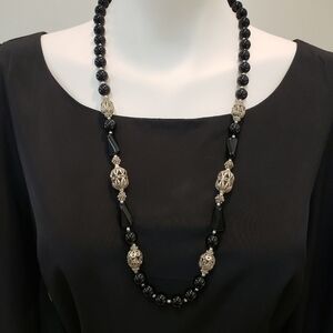 VINTAGE Black Onyx Ornate Silver Filigree Beaded Stone Necklace